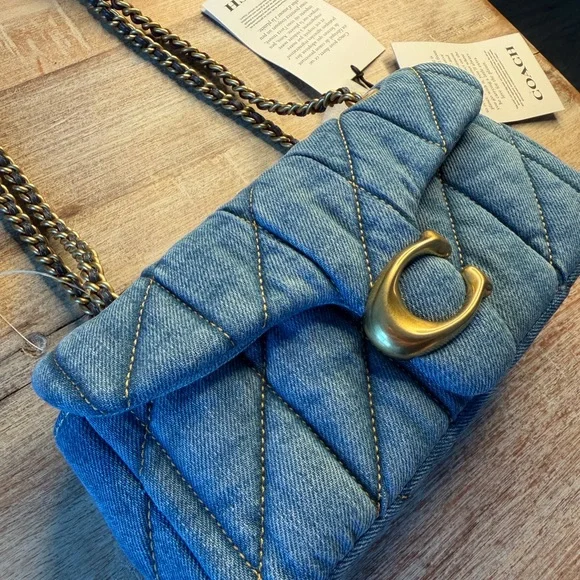 Coach Denim Quilted Shoulder Bag with Gold Chain - Picture 2 of 6